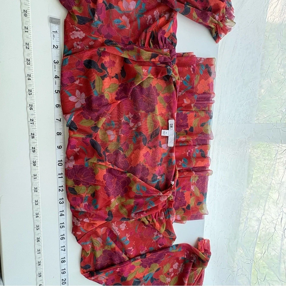 DR2 Daniel Rainn Mesh Floral Babydoll Top Sz. XS Orange Red Peplum Smocked Y2K - Picture 7 of 12